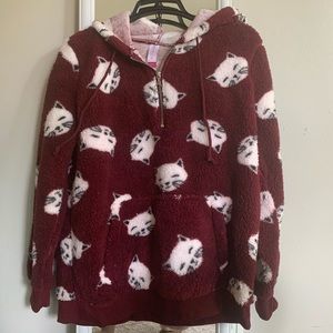 Thick Teddy Material Burgundy Hoodie w/ Cat Print